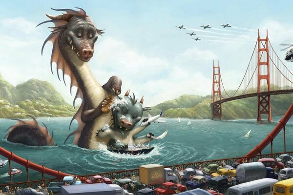 Dragones de dibujos animados bañándose en el mar bajo un puente