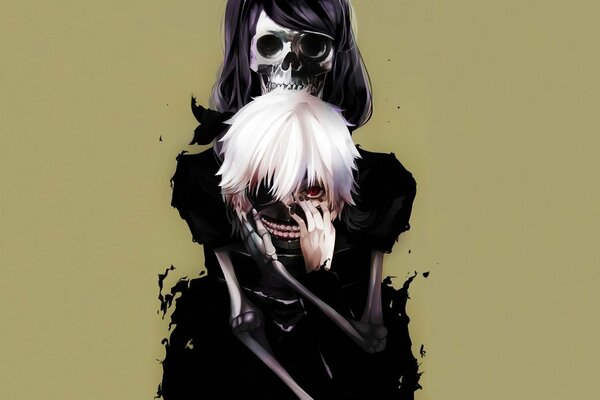 Kaneki Ken del ghoul di Tokyo tra le braccia di uno scheletro