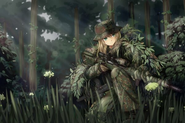 Anime Mädchen in Tarnung mit Waffen