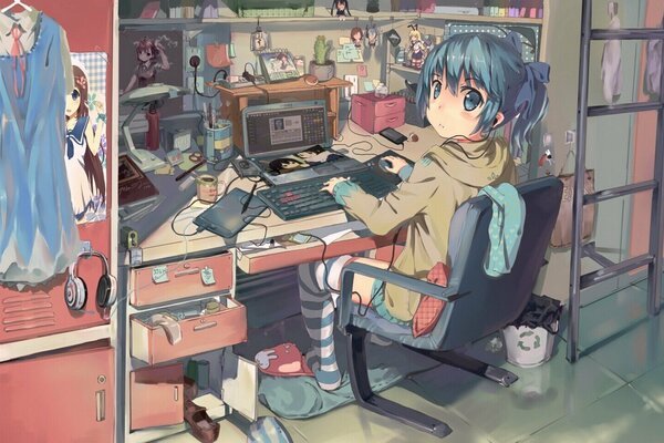 Chicas de arte frente a la computadora portátil de anime