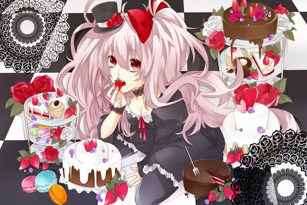 Mädchen im Anime-Stil isst Erdbeeren vom Kuchen