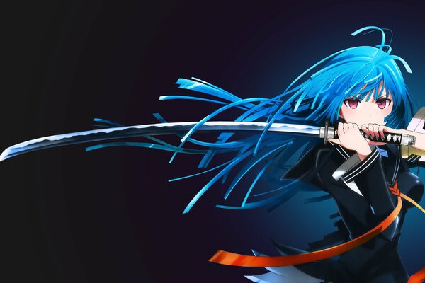 Tendou kisara. A girl with blue hair, with a sword raised, on a dark background