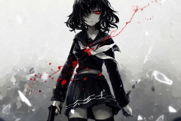 Chica en uniforme de la escuela en la sangre de anime