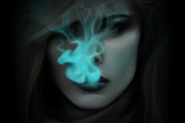 Arte ragazza espirando fumo. Cupo disegno di una ragazza che fuma. Ragazza nel buio. Fumo blu. Sinistro. Sguardo freddo