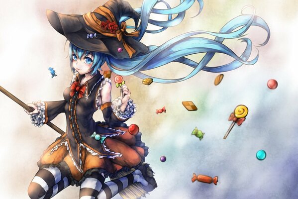 Anime. A witch in a hat and stockings flies on a broom for Halloween