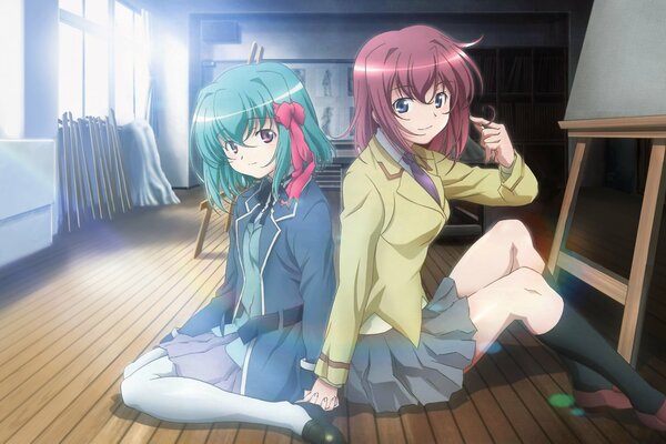 Anime picture of two girls on the floor