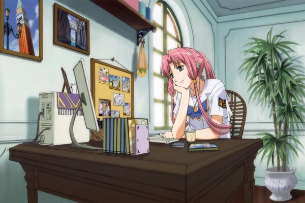 Anime girl at a computer desk