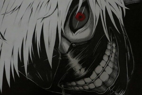 Drawing of a Tokyo ghoul with red eyes and a bleached smile