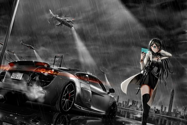 Cool girl on the background of a car and a helicopter