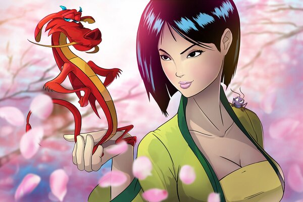 Schöne Prinzessin Mulan mit einem Drachen