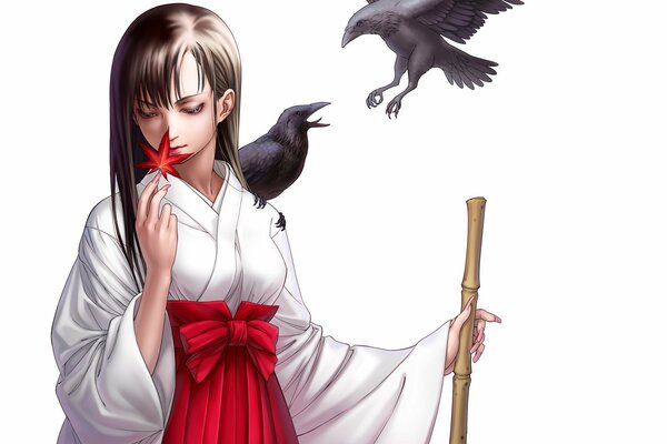 Japanese girl with a leaf and a raven on her shoulder