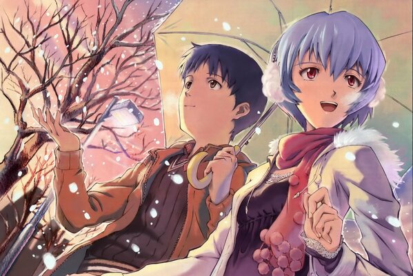 Evangelion. Peren y la chica. Anime. Invierno