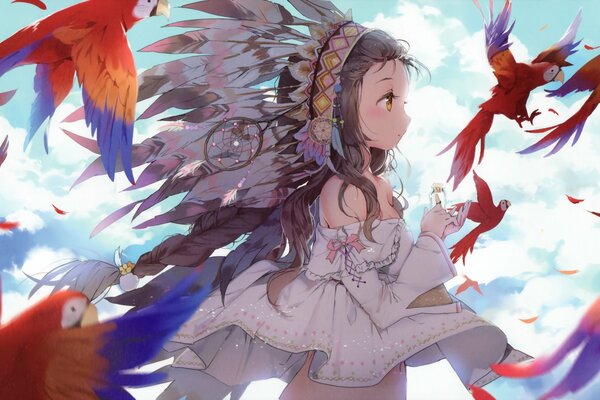 A girl in feathers surrounded by parrots