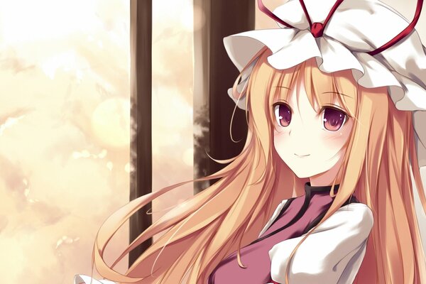 Yukari Yakumo art. Yukari Yakumo is a character from the Touhou manga. Anime blonde girl with kind eyes. Anime girl in a cap