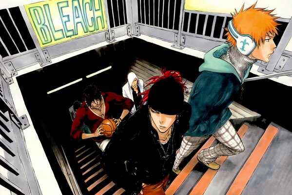 Anime Bleach art. The guys from the anime Bleach . Sutora Sado, Bleach, Ichigo Kurosaki climb the stairs art.