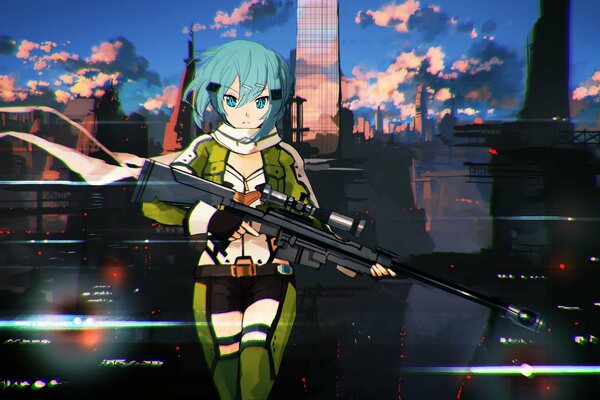 Anime girl with blue hair and with a gun in her hands