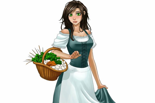 Mädchen mit einem Korb mit Gemüse, anime