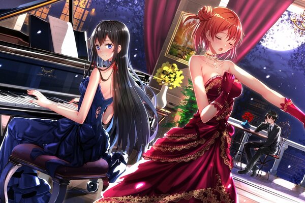 Zwei Anime-Mädchen in Kleidern spielen ein Klavier, ein anderer tanzt