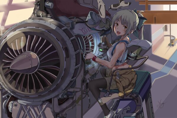 Anime girl Mechaniker repariert den Motor