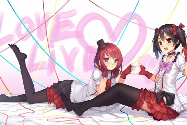 Maki and Niko in tights. Not a school idol project. Maki Nishikino and Niko Yazawa in red skirts. Love live Maki Nishikino, Niko Yazawa. Heroines from the anime Live Love . Art Niko and Maki.