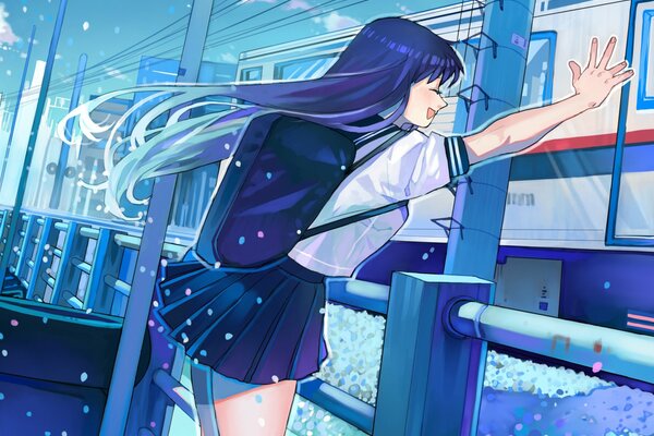 A girl with a backpack waves to an anime train