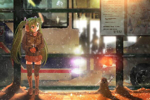 Bus stop girl and night lights