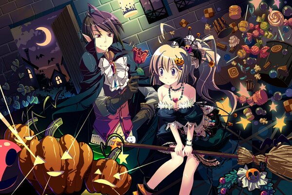 Anime niño y niña en la celebración del día de Halloween