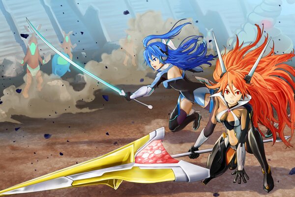 Senki zesshou symphogear con espadas en combate