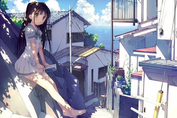 Anime girl sitting on the roof of the house