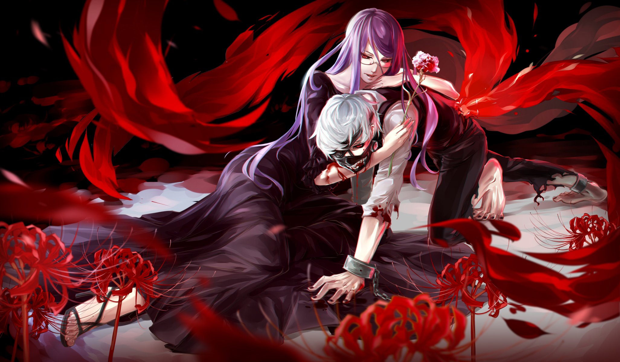 arte nyu ragazza kamishiro rize fidanzato kaneki ken vista sangue dolore abbraccio artiglio ghoul fiori tokyo ghoul