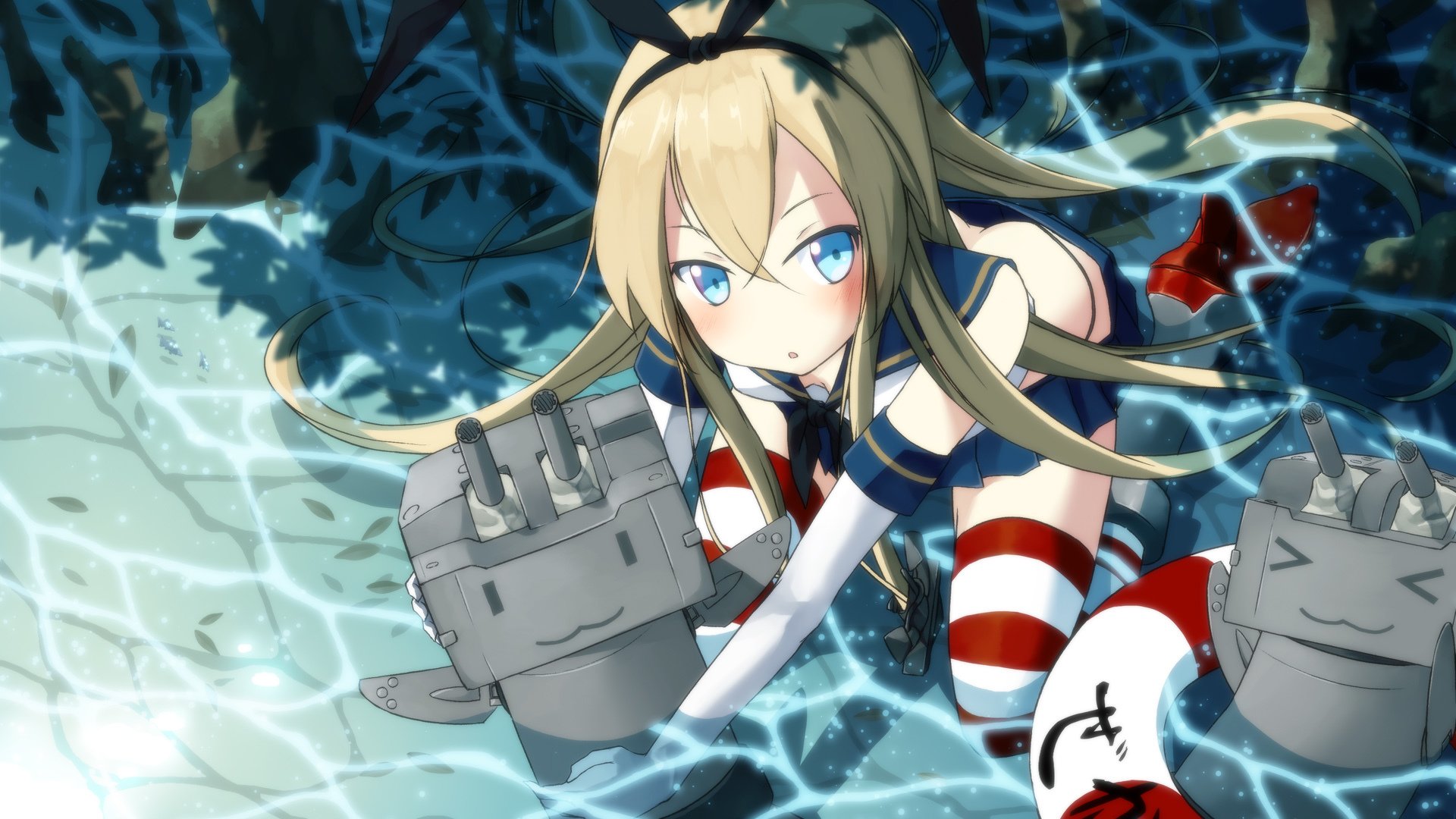 kunst über daizen kantai collection rensouhou-chan mädchen ohren kreis wasser schulmädchen uniform waffen