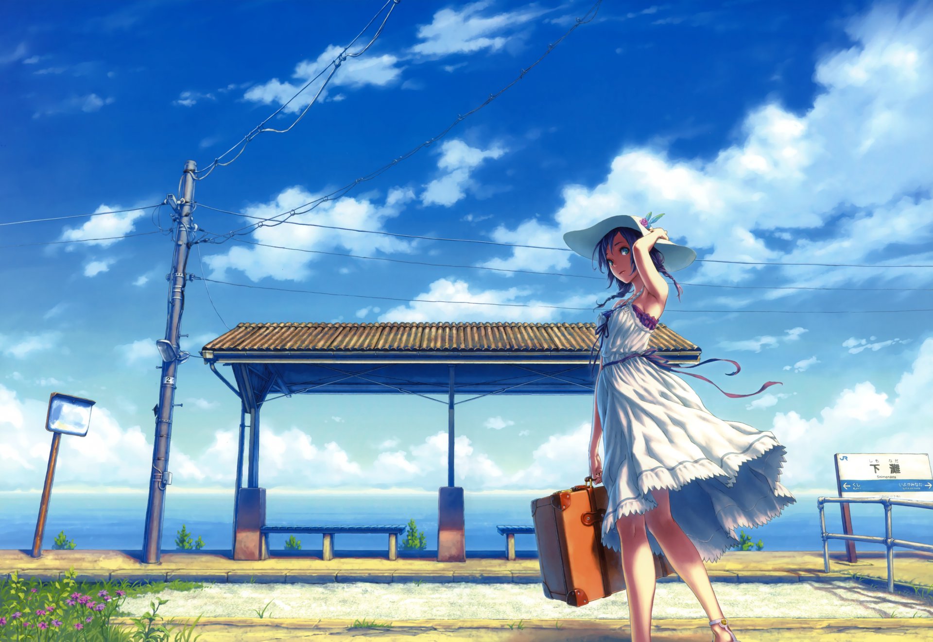 hisakata souji art girl dress hat pigtail wind tapes bag sky clouds station post wire grass flower