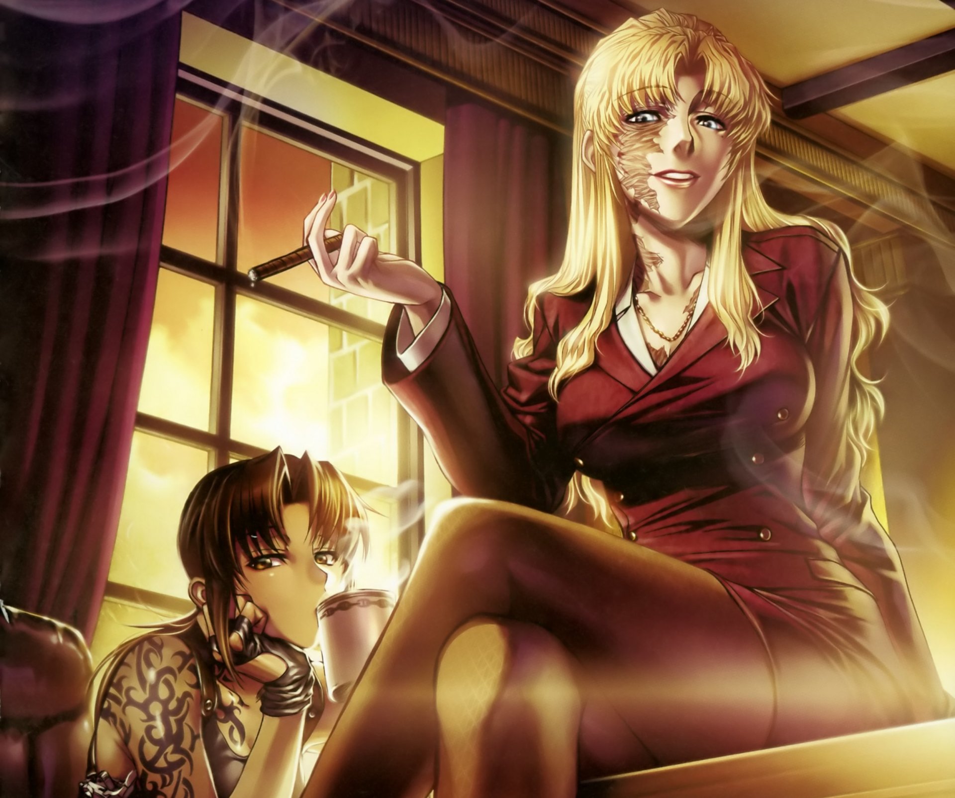 art hiroe rei anime pirates of the black lagoon black lagoon revy balalaika girls smoke cigar