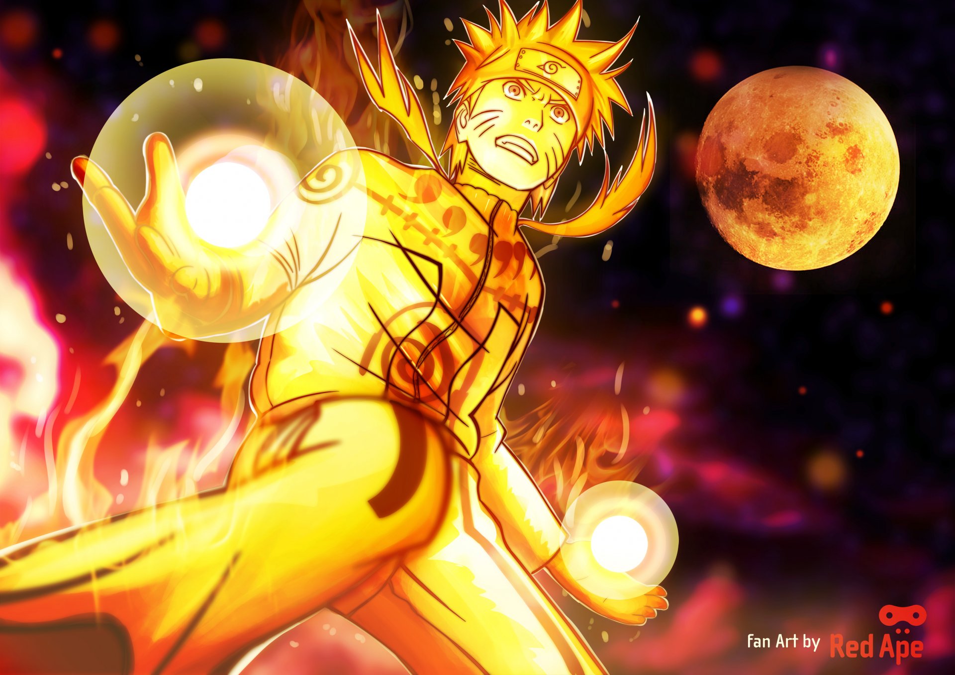 naruto mode bijuu uzumaki anime manga hitayate cheveux blonds logo konohagakure no sato bijuu dama chakra flamme oeil jaune rage ninja razengan lune art