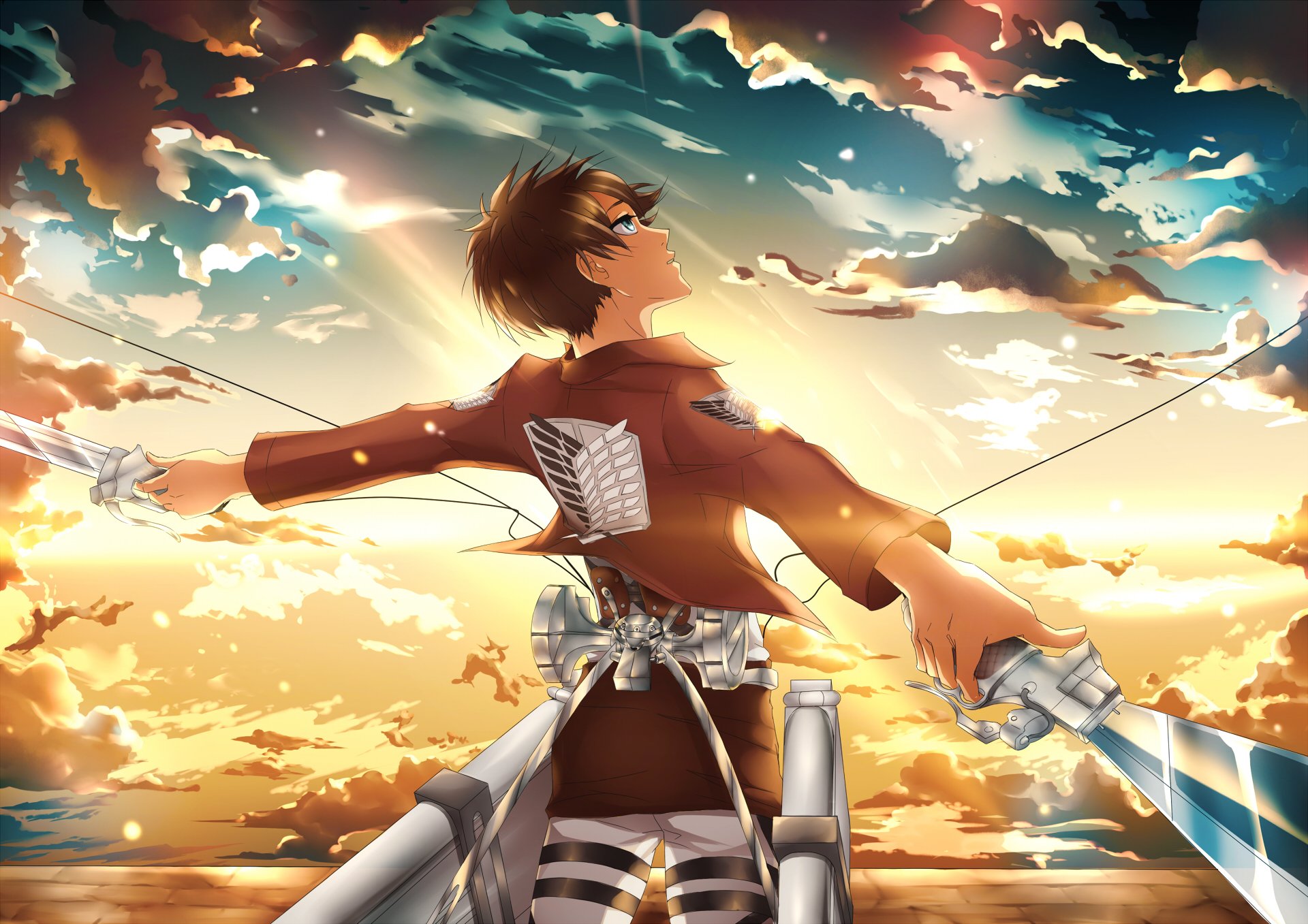 art kristallin-f anime invasion of the giants eren jaeger guy swords weapon sunset sky clouds shingeki no kyojin