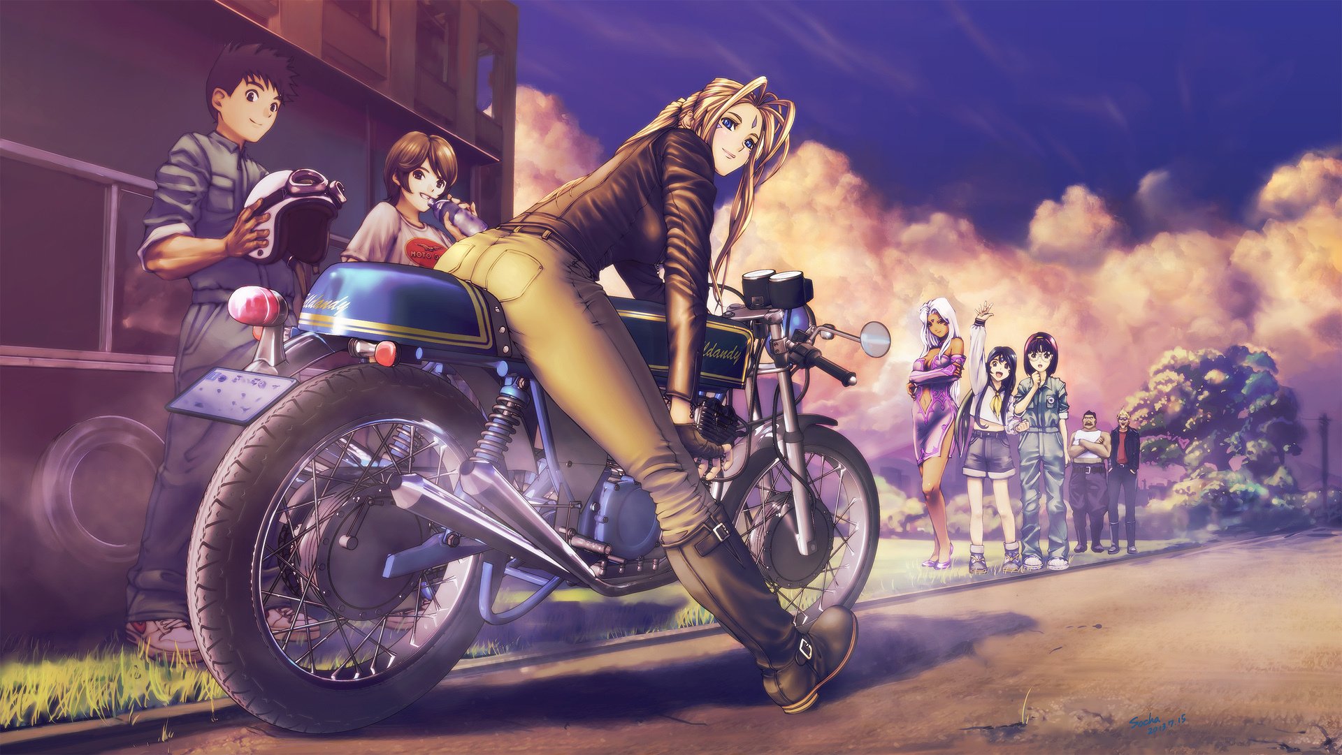 sztuka soha dziewczyny chłopaki belldandy wypadek morisato keiichi skuld morisato megumi spojrzenie uśmiech postawa motocykl postacie ulica zachód słońca moja bogini