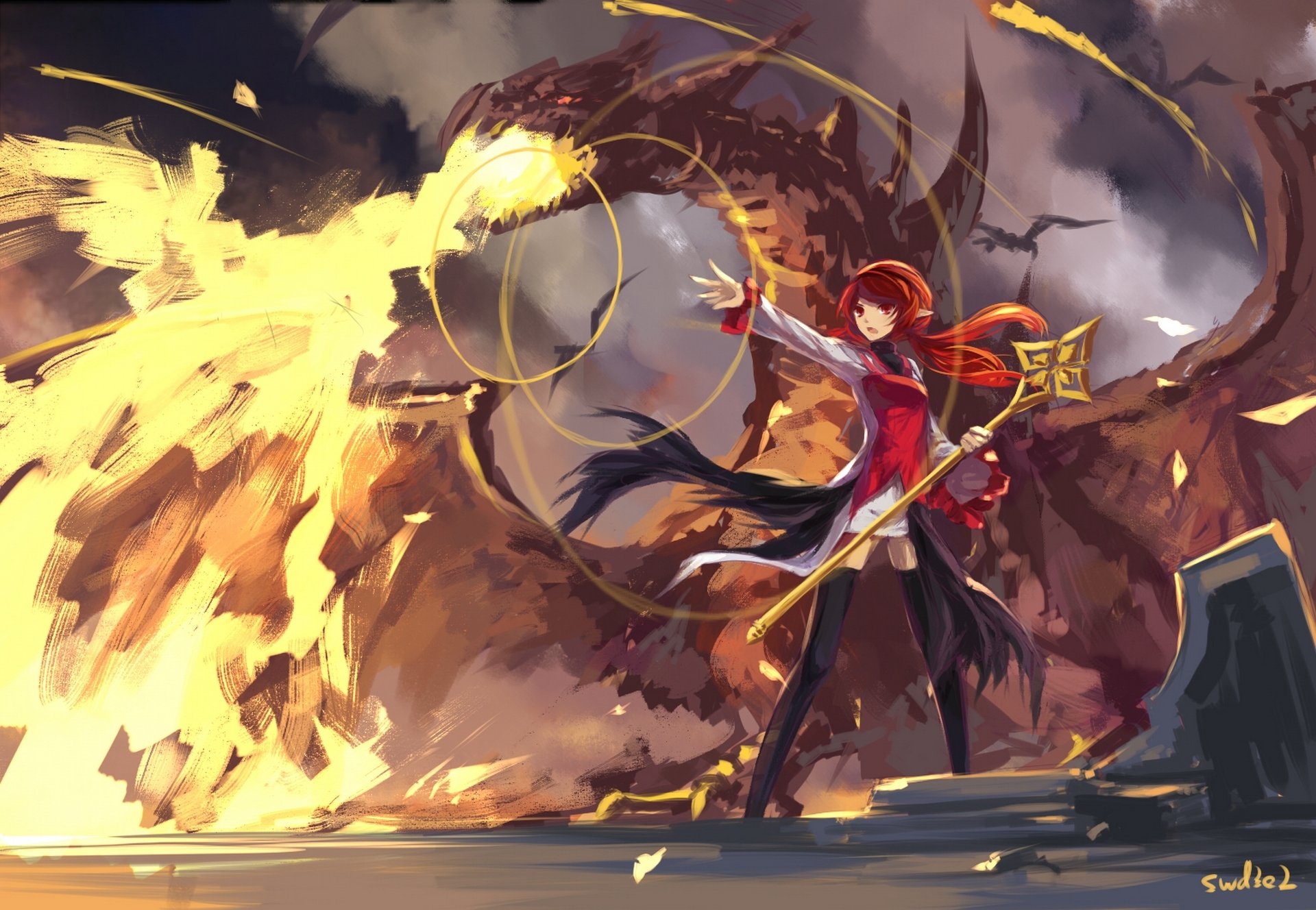 art swd3e2 dungeon and fighter dragon girl fire magic staff anime