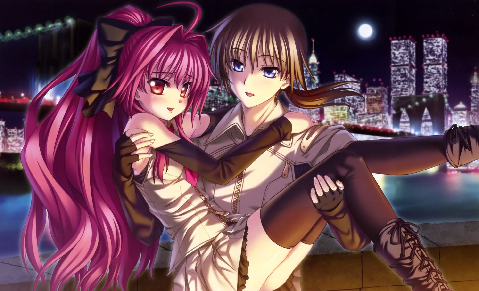 arte anime shinkyoku soukai polyphonica polifónica tatara phoron corticarte apa lagranges chica chico luna. noche ciudad casa luces puente río