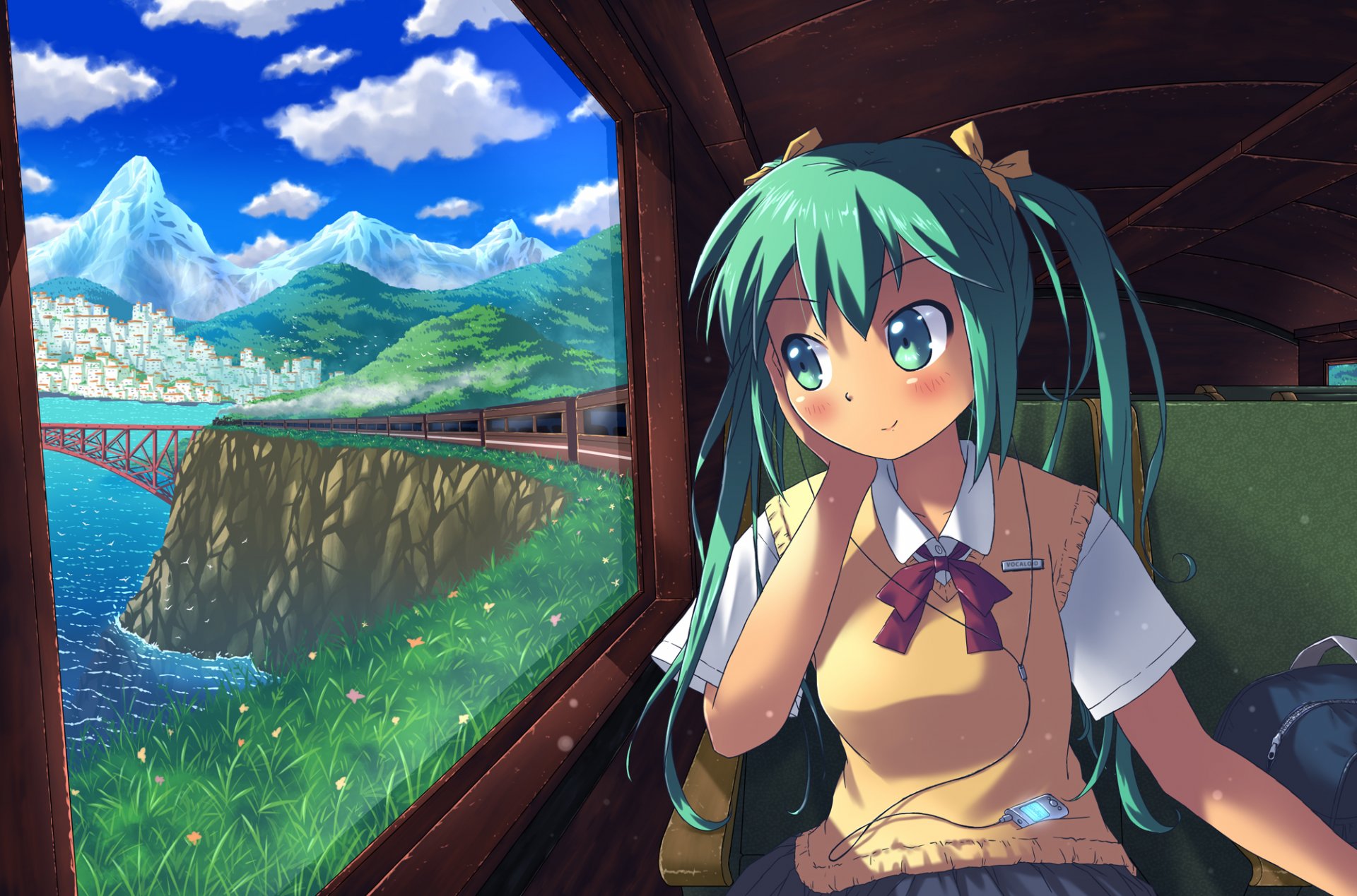 art akisorapx vocaloid hatsune miku fille train nature ciel nuages vocaloid écolière fil casque uniforme eau lecteur sac pont fenêtre ville