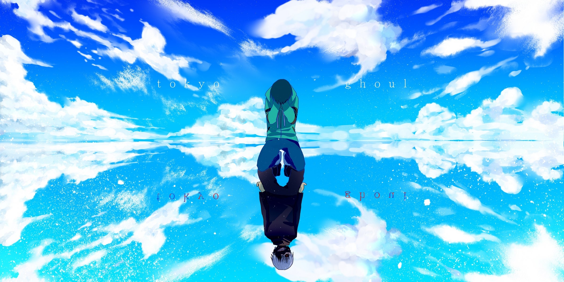 art winni anime tokyo ghoul kaneki ken guy water reflection sky cloud