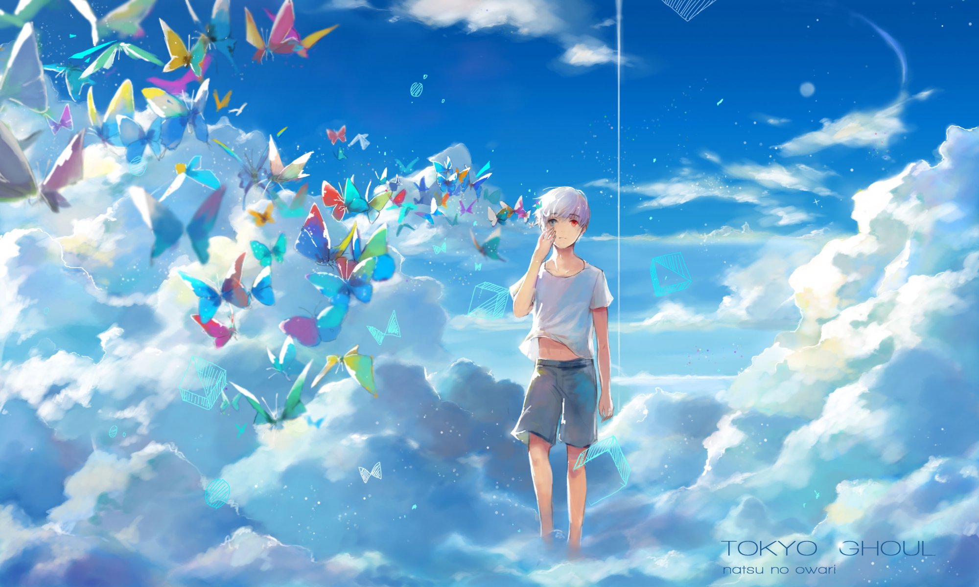 art ringo ruoyuwang anime tokyo ghoul kaneki ken guy sky clouds butterfly