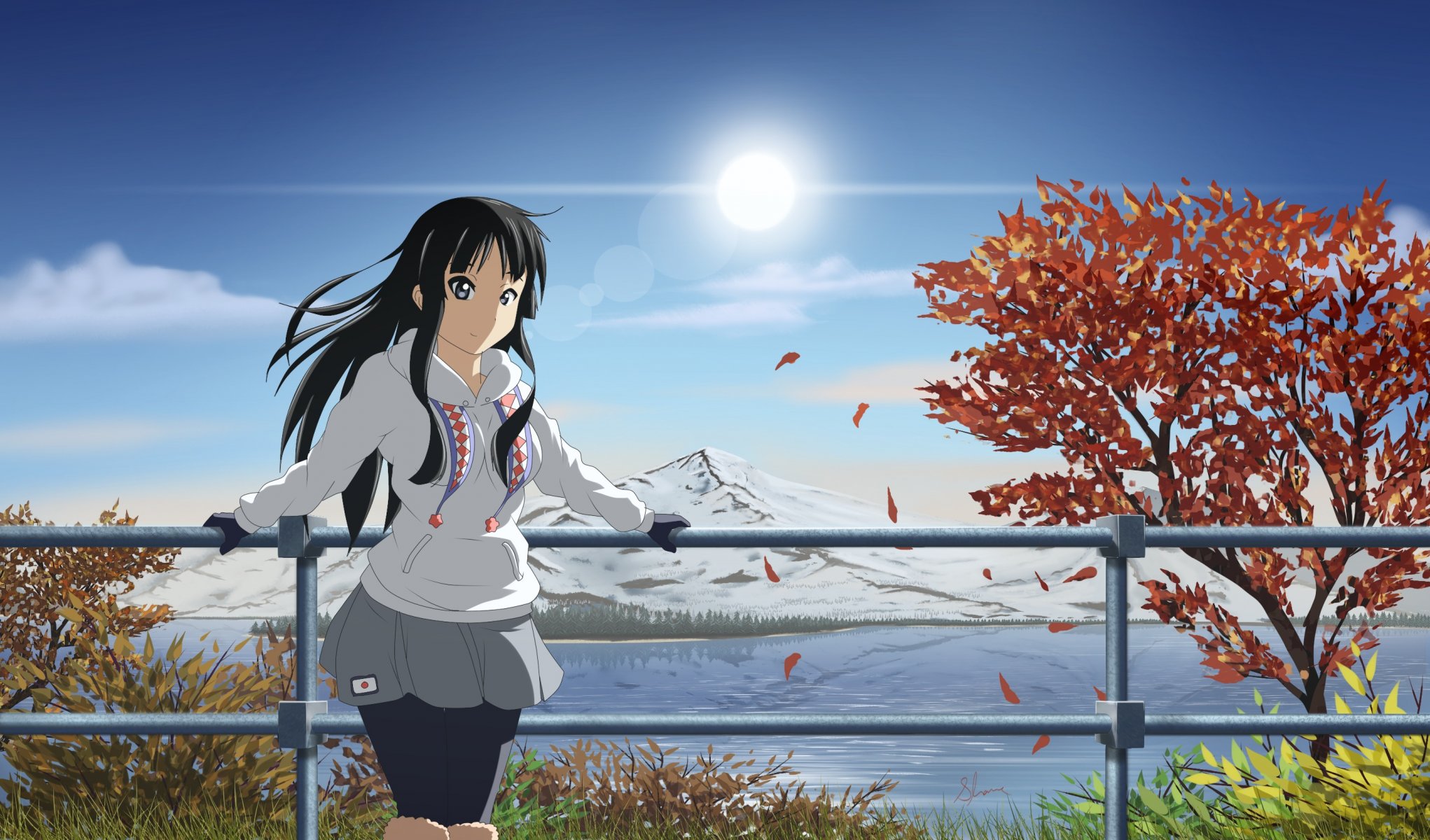 kunst anime k-on mädchen akiyama mio berge natur landschaft sonne bäume blätter fluss