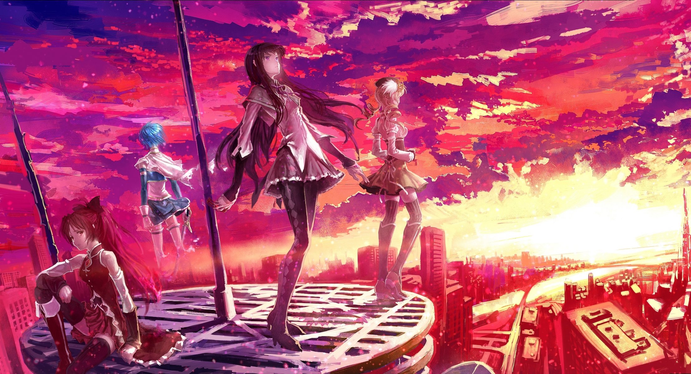 kunst liegend anime magisches mädchen madoka mahou shoujo madoka magika akemi homura tomoe mami sakura kyouko miki sayaka mädchen sonnenuntergang häuser stadt himmel wolken gebäude waffen schwert