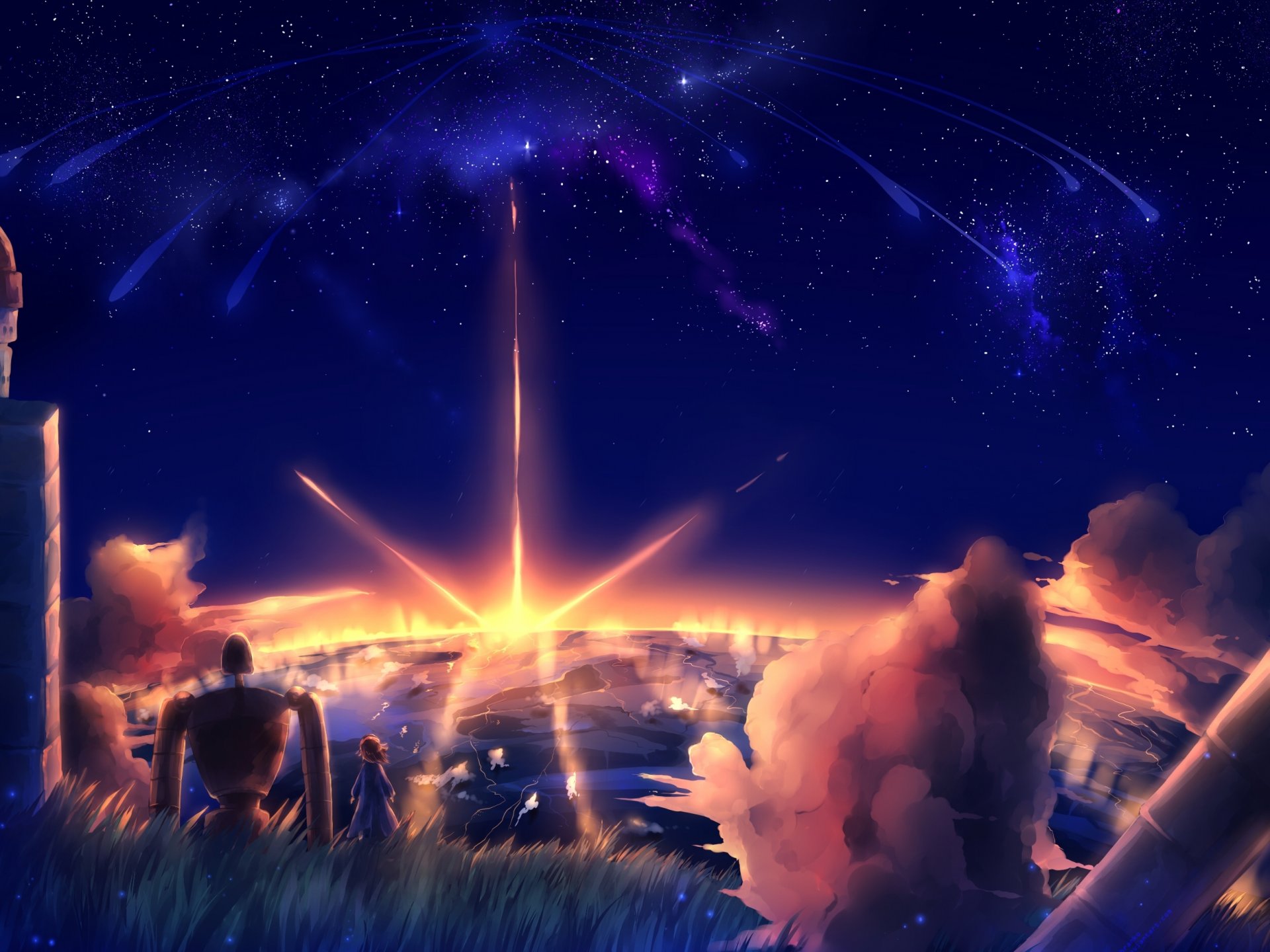 art anime castle in the sky laputa: castle in the sky girl robots nature clouds sunset sky star