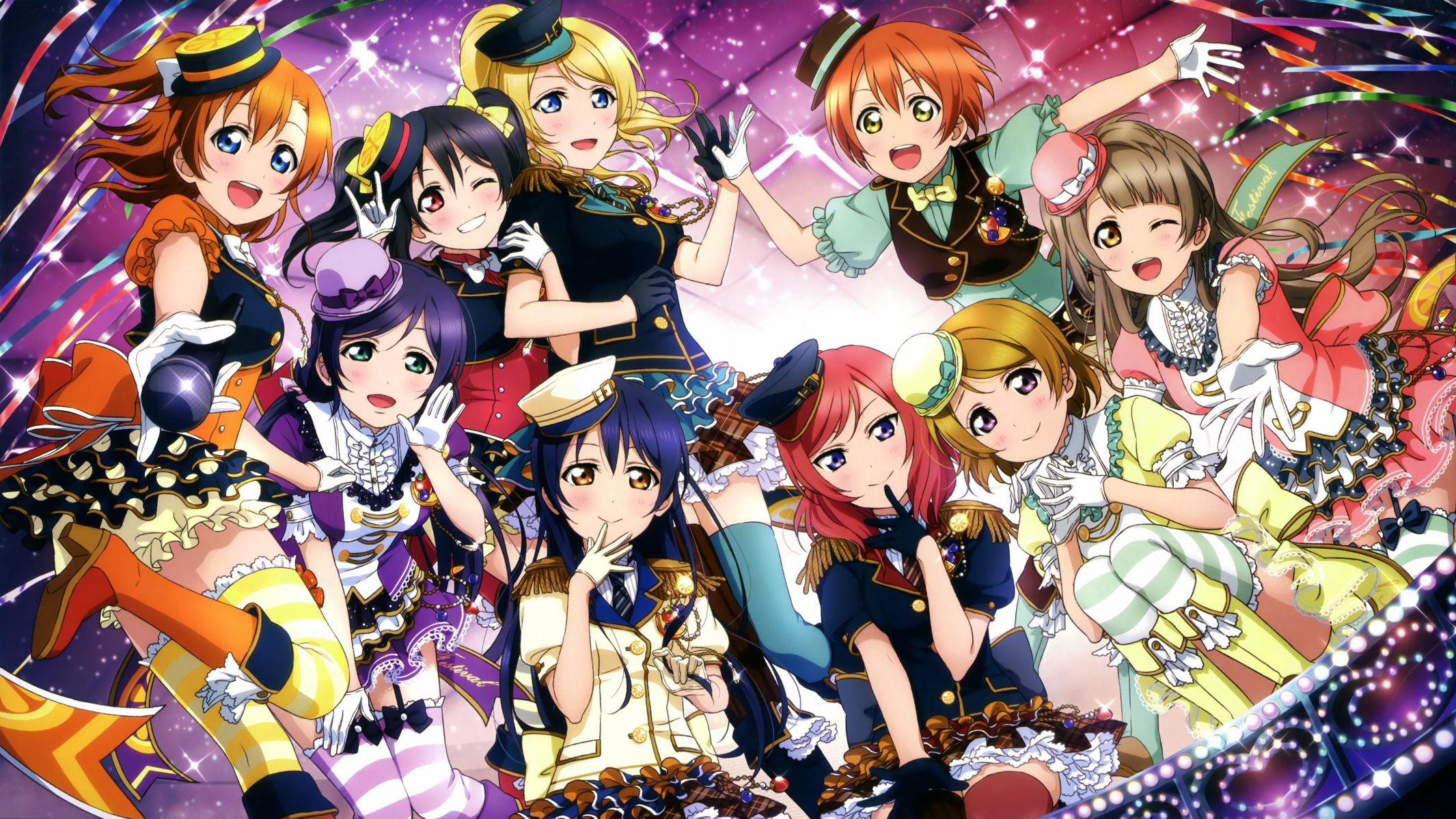 arte anime amore dal vivo non scuola idol progetto ayase eli hoshizora rin koizumi hanayo kousaka honoka minami kotori nishikino maki sonoda umi toujou nozomi yazawa nico ragazze microfono cappello archi