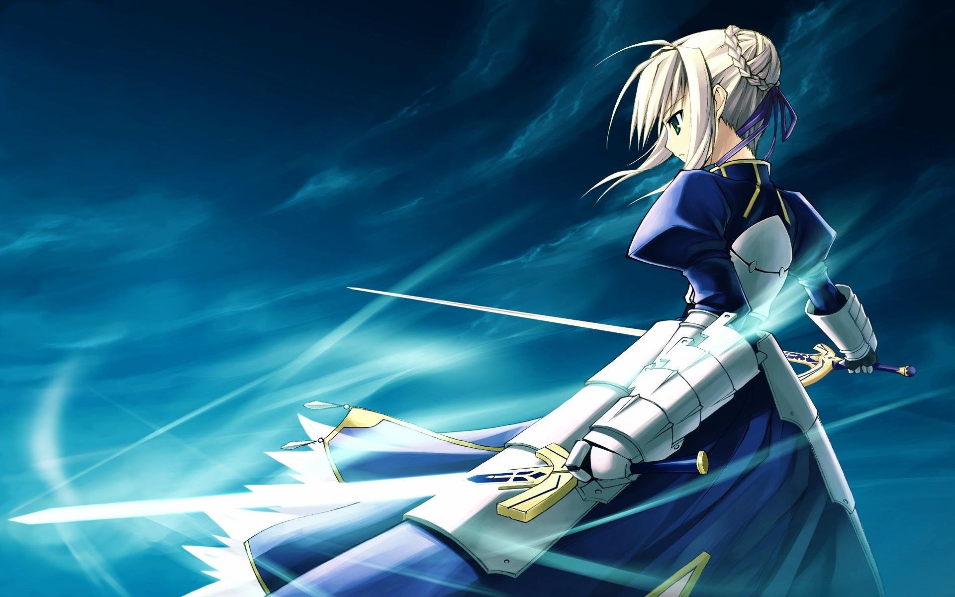 art fate/stay night type-moon saber girl sword background wind