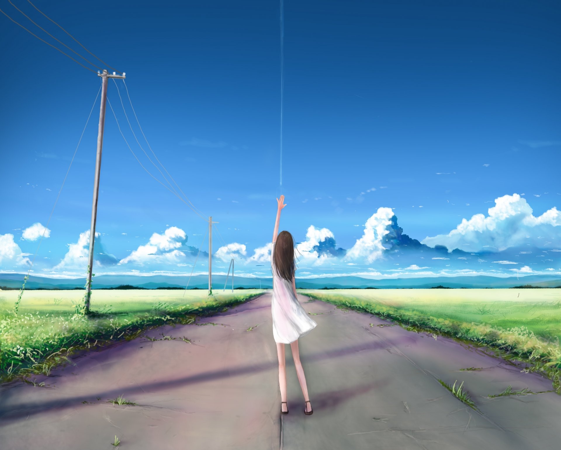 art kia girl sky clouds hand pillars wire nature anime road