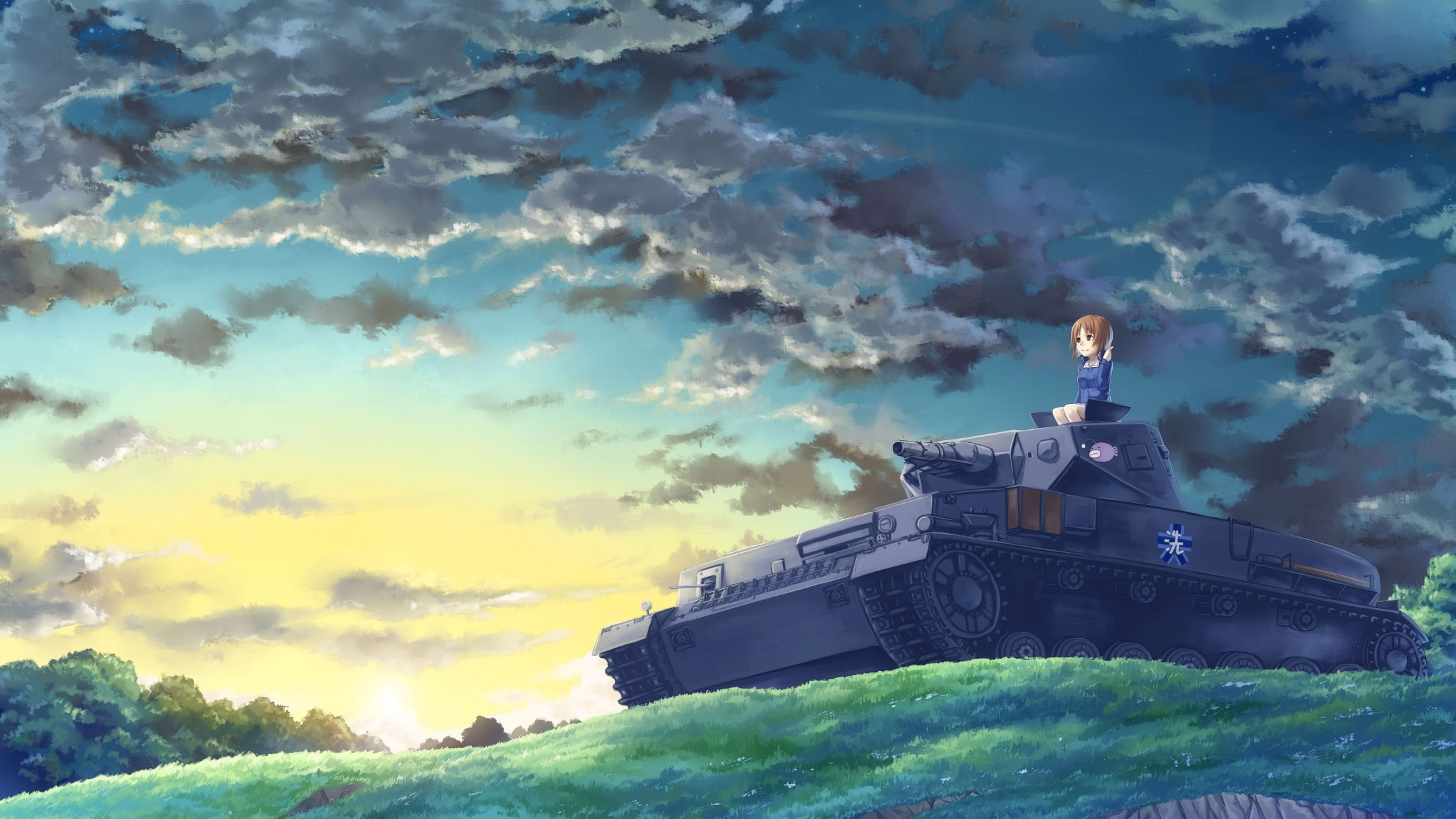 art kasei xyz girls und panzer nishizumi miho tank girl landscape sky hill clouds sunrise