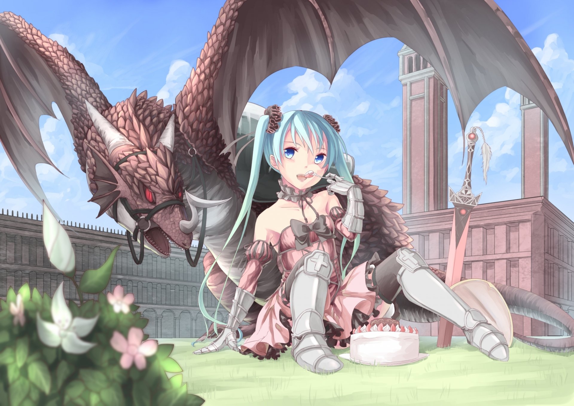 art saraki hatsune miku fille vocaloid vocaloid dragon épée gâteau château ciel nuages fleurs