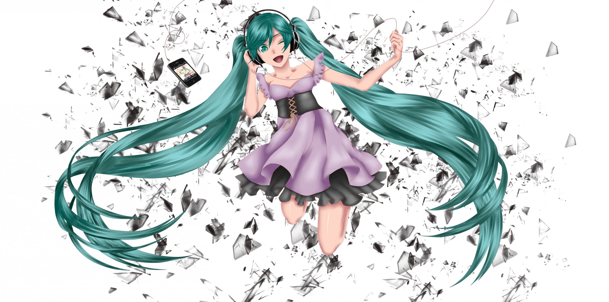 art vocaloid hatsune miku vocaloid hastune miku dziewczyna słuchawki drut odtwarzacz odłamki zakład